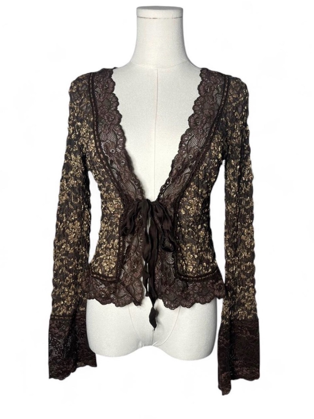 Y2K Vintage Ann Ferriday Chocolate Brown Floral Lace Tie Front Cardigan Top